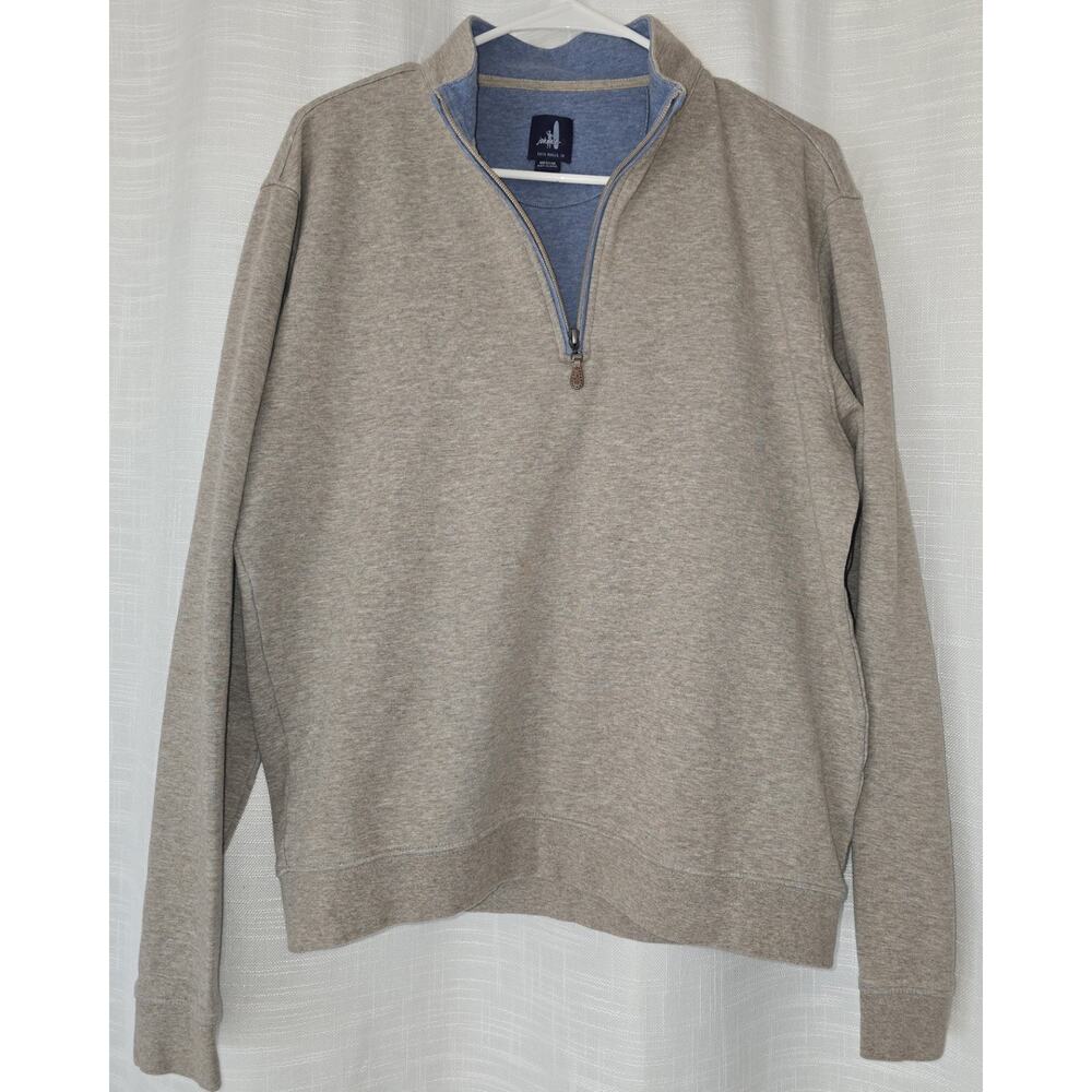 johnnie-O Men's Crewneck Quarter-Zip Sweater in Heather Taupe with Blue Trim